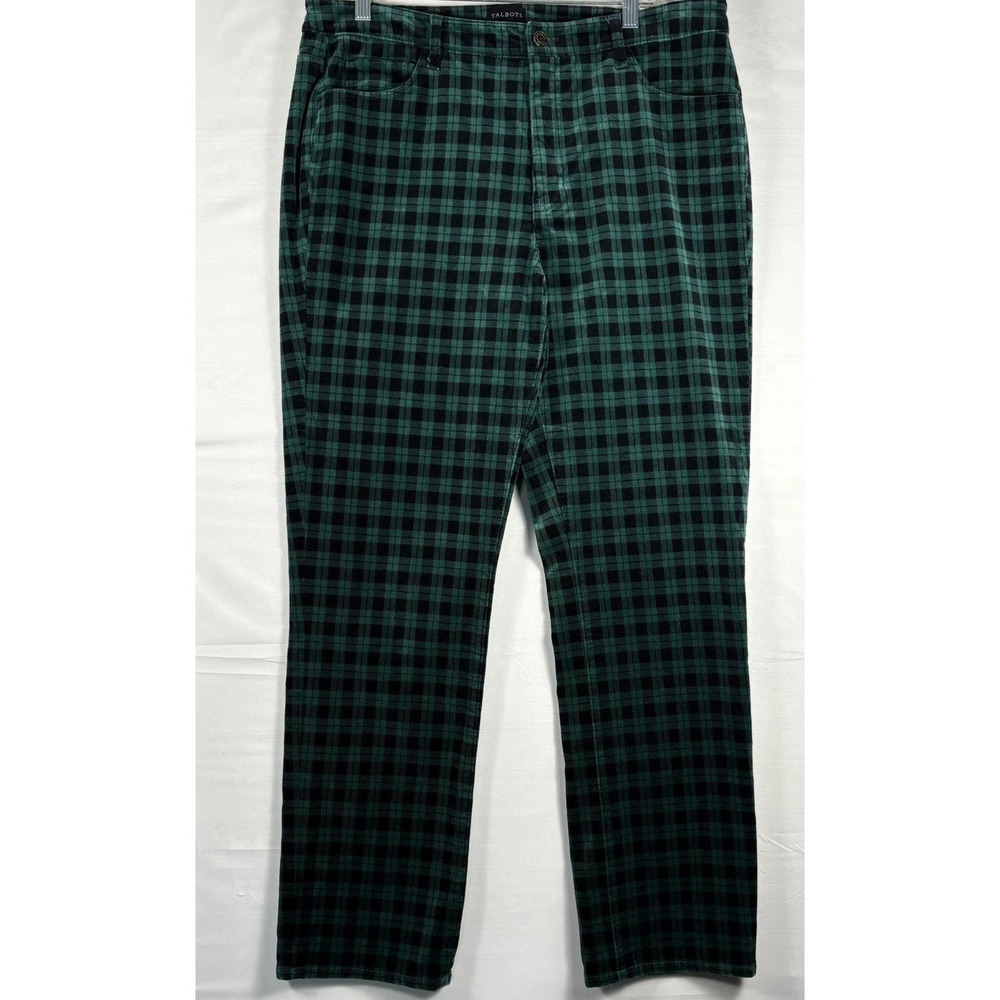 TALBOTS Velveteen Straight Leg Slimming Green Black Plaid Party Casual Pants 14 - Picture 1 of 9